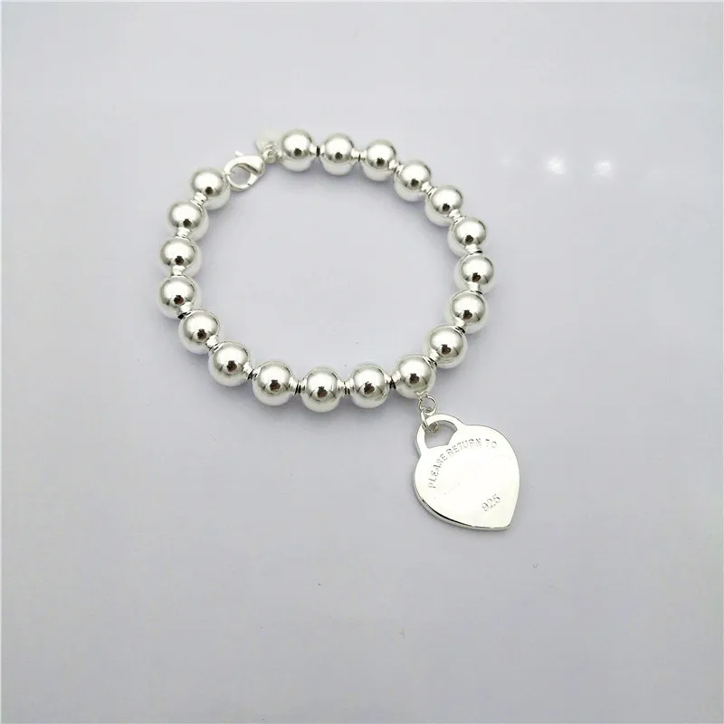 

1:1 sterling silver S925 classic popular exquisite heart-shaped ladies fashion 8mm round bead bracelet jewelry