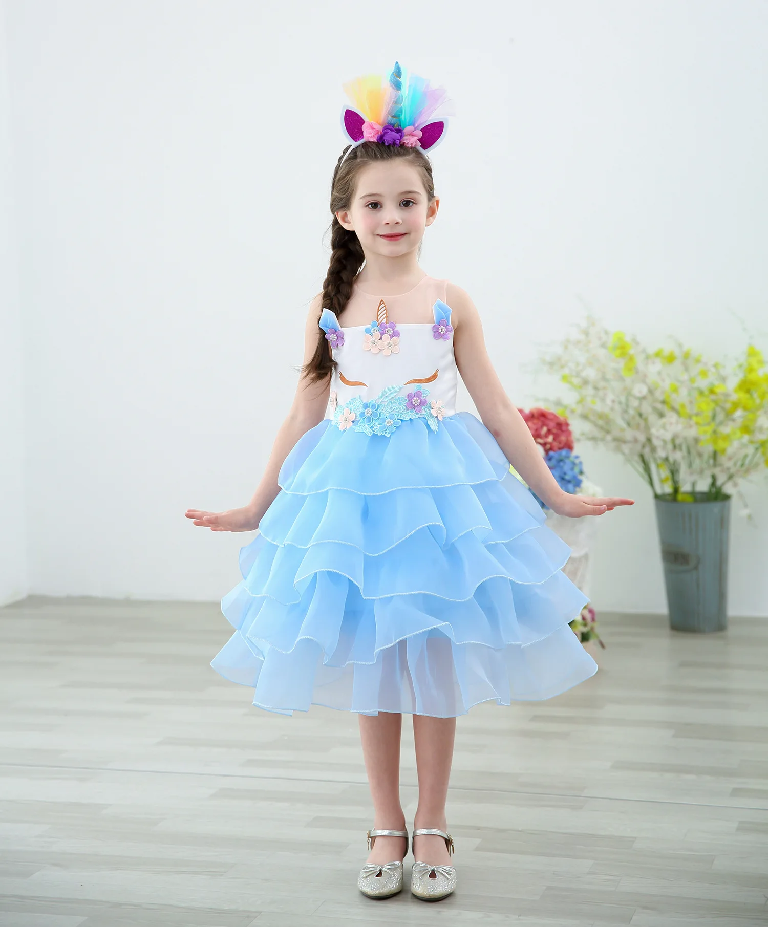 blue dress with horn Детская праздничная одежда с цветочным рисунком для костюмированной вечеринки; Радужное платье-пачка с единорогом; Детский новогодний костюм для девочек; праздничная одежда - Цвет: blue dress with horn