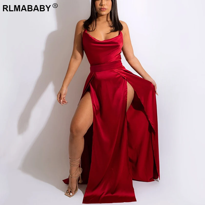 

Женское Атласное Платье макси с открытой спиной, элегантное однотонное длинное облегающее платье с низким вырезом без рукавов и высоким ра...