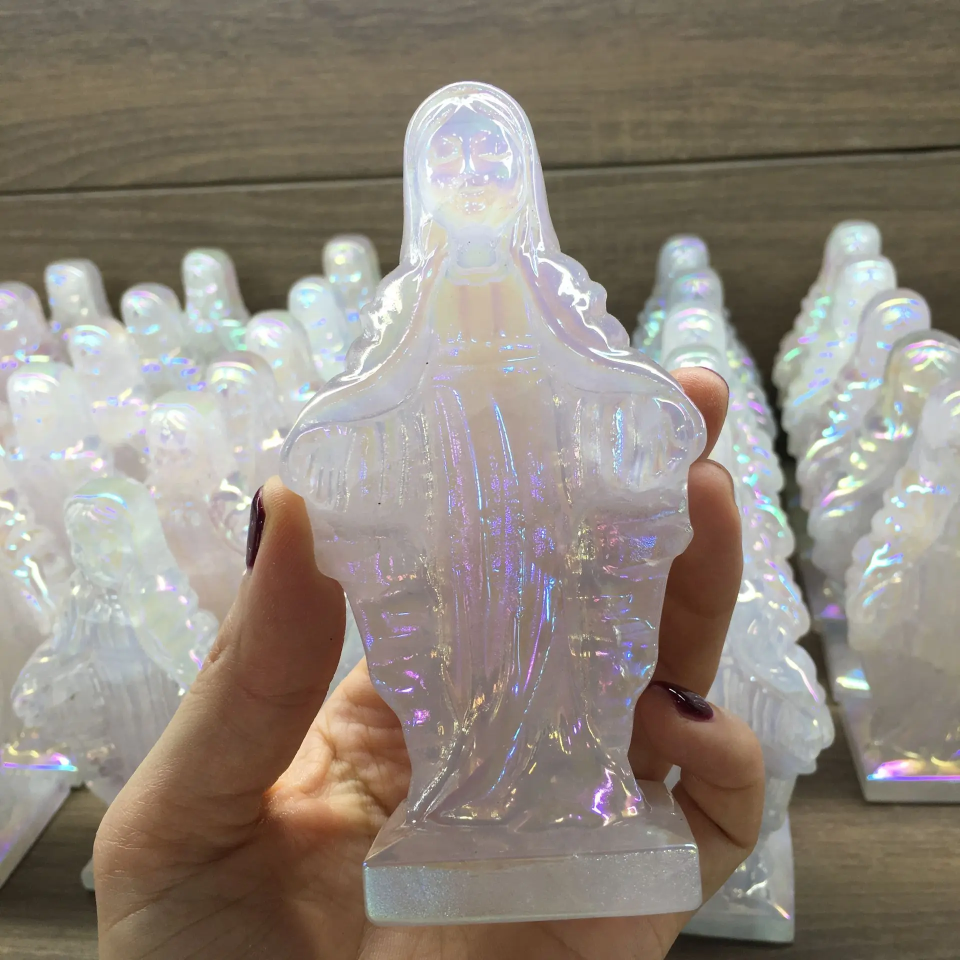 12.4cm Electroplated white crystal Virgin Mary Reiki health ornaments Goddess Sculpture With Base