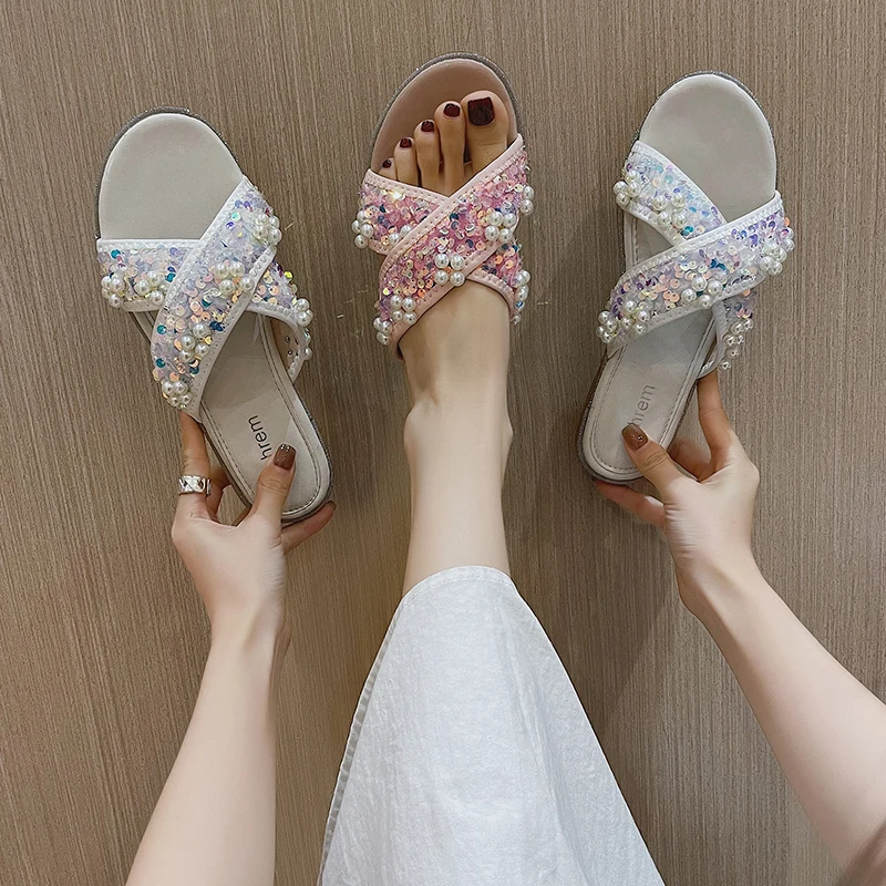 

Shoes Woman's Slippers Luxury Slides Low Shale Female Beach 2021 Soft Designer Flat Sabot Summer Rubber PU Fashion Bling Basic