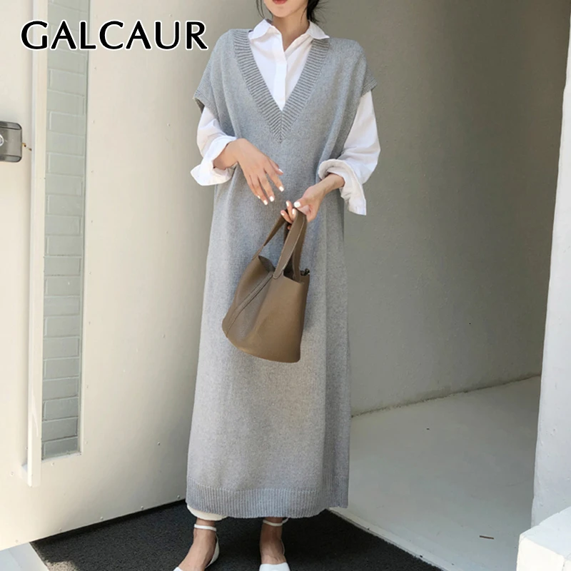 Женское трикотажное платье оверсайз с V образным вырезом|Женские платья| |