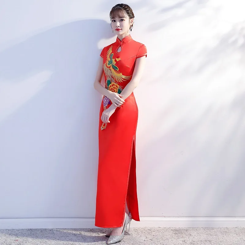 Красные женские весенние Длинные Cheongsam модные китайские стиль Леди китайский