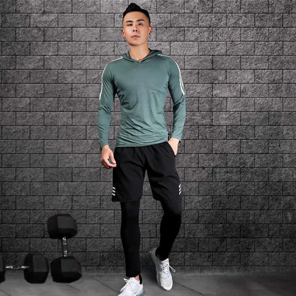 

3 Pieces / Set Quick-Drying Clothes Training Suit Top + Shorts + Leggings Fitness Gym Running Workout Polyester Men Sport Suit