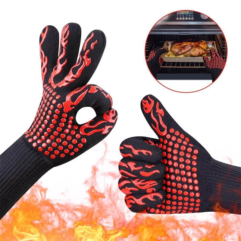 

1PC BBQ Oven Gloves 800 Degrees Fireproof Heat Resistant Gloves Silicone Oven Mitts Barbecue Heat Lnsulation Microwa