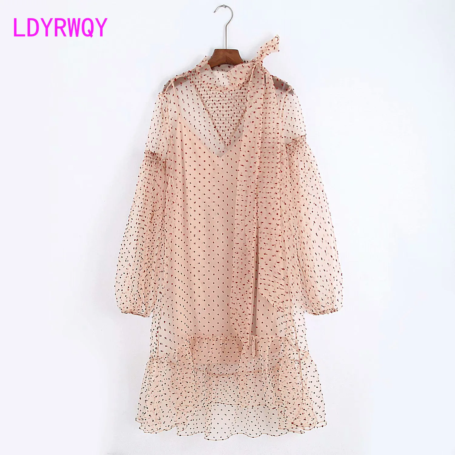 

[LDYRWQY] 2020 Europe and America Women's Summer New Bow Tie Bow Perspective Polka Dot Mesh Dress