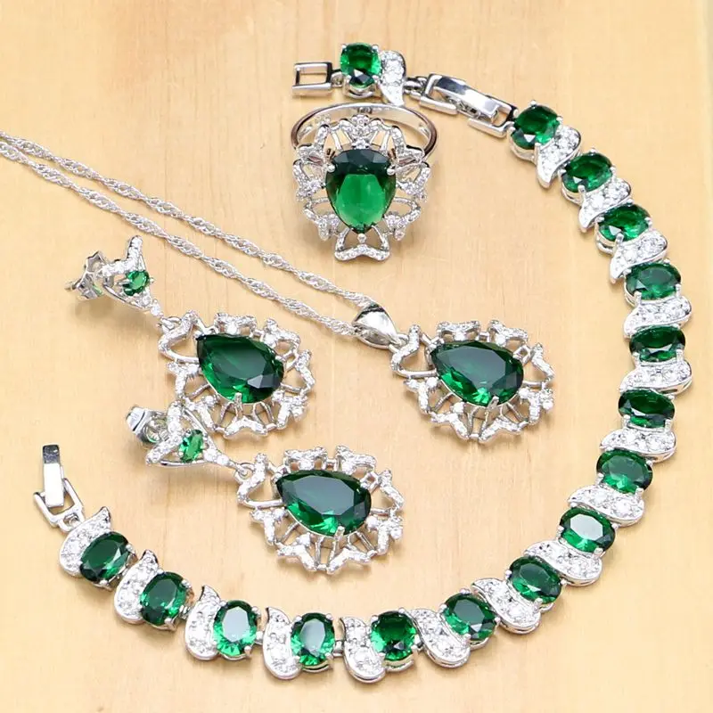 

925 Silver Bridal Jewelry Sets Green Zircon White CZ Docoration For Women Weeding Earrings Pendant Rings Bracelet Necklace Set