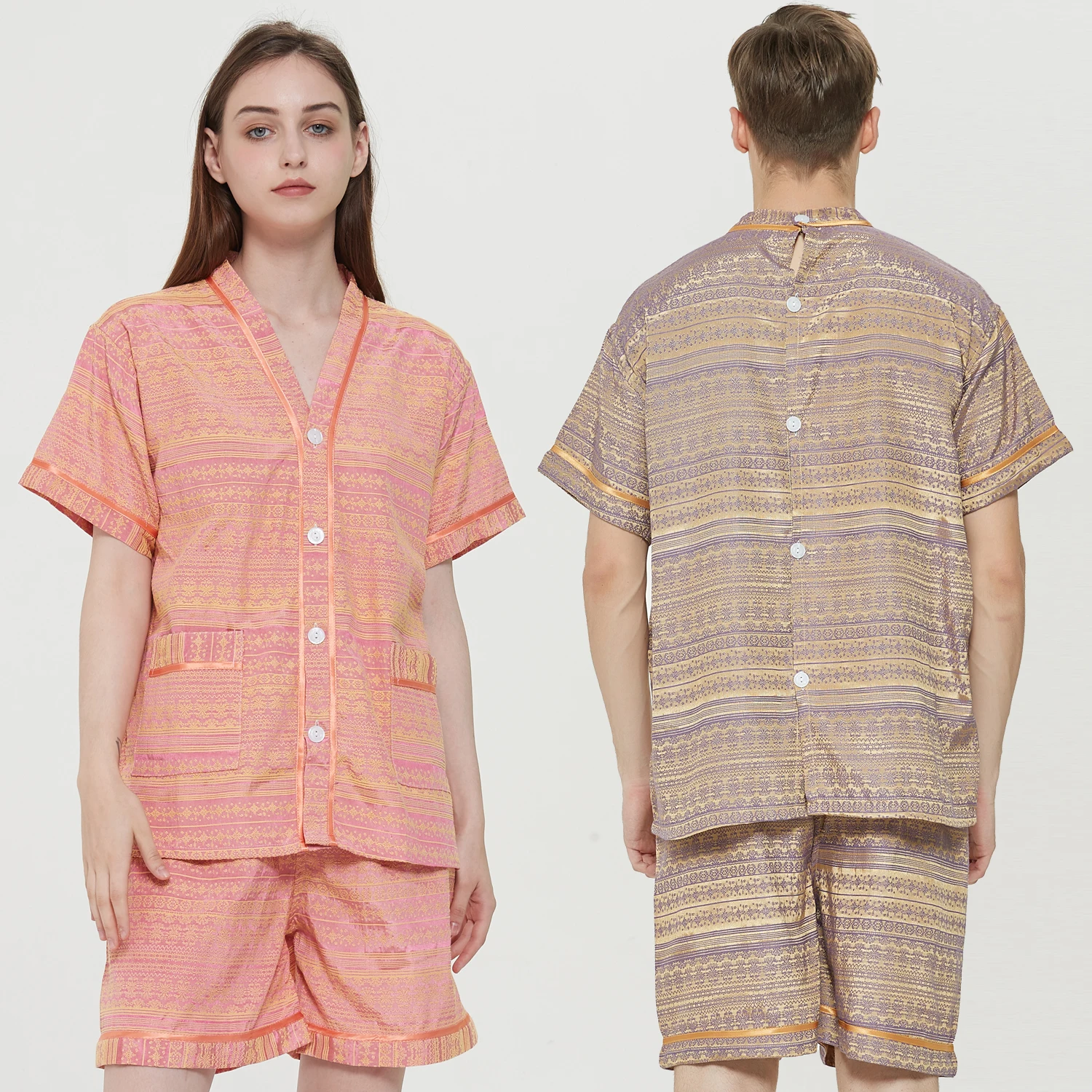 Men's Pajamas Set Summer Leisure Elastic Waist Men Sleepwear Cotton Men's Short Sleeve Nightwear Print Top + Shorts Homewear