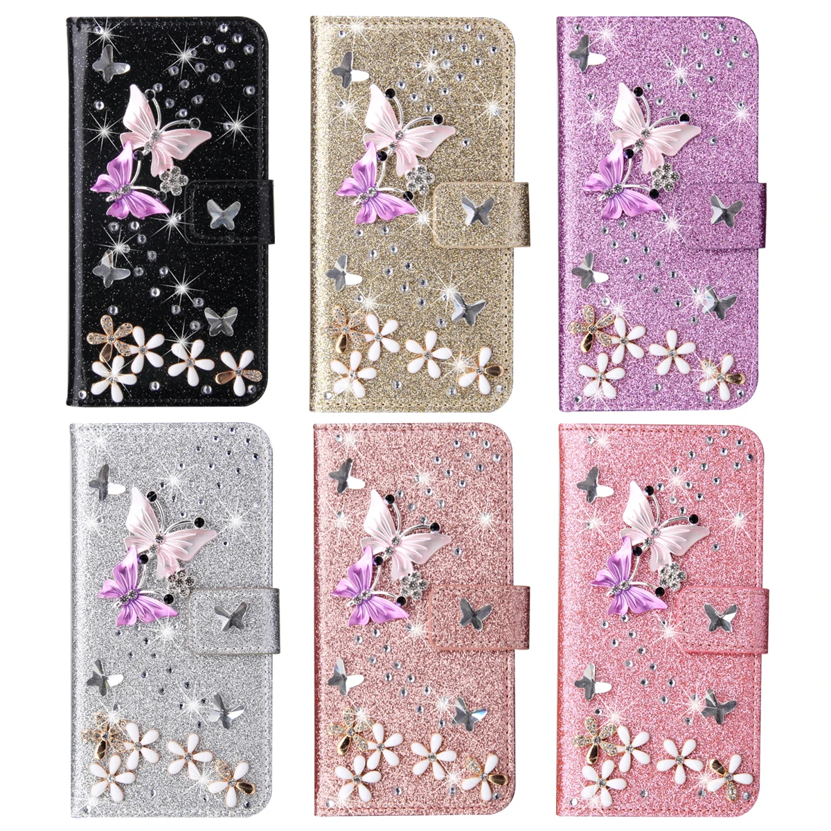 

Luxury Delicate Diamond Butterfly Phone Case For iPhone 12 X XR 11 Pro XS MAX 6 6S 7 8 Plus 5 5S SE 2020 Anti-fall Leather Cover