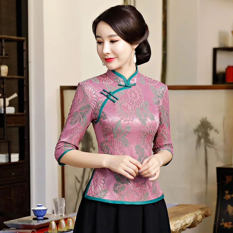 Фиолетовая Летняя женская рубашка топы в традиционном китайском стиле кружевная
