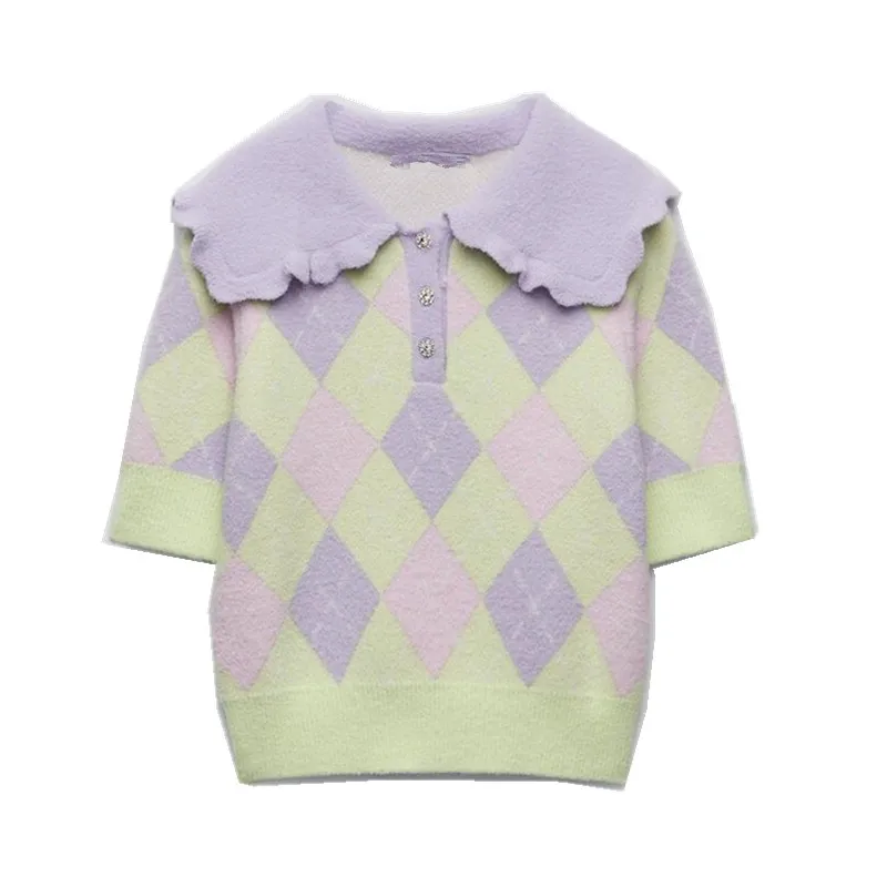 

ZA 2021 autumn new women's clothing all-match European and American style diamond pattern close-fitting short sweater for women