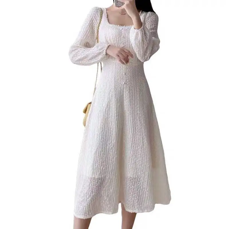 

COIGARSAM French Style Women dress Vintage High Waist Dresses Apricot 663