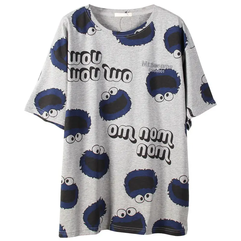 

2021 summer new mid long short sleeve loose embroidery T-shirt women's large cartoon print top