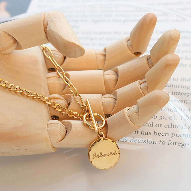 

French Round OT Button Beloved Letter Necklace for Women Choker Clavicle Chain Stainless Steel Jewelry Charms Statement Necklace