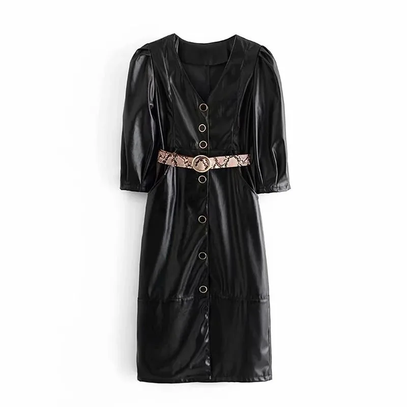 

Autumn And Winter New Women's Belt Decorated With V-neck Pu Dress Elegant Temperament Single Breasted Dresses