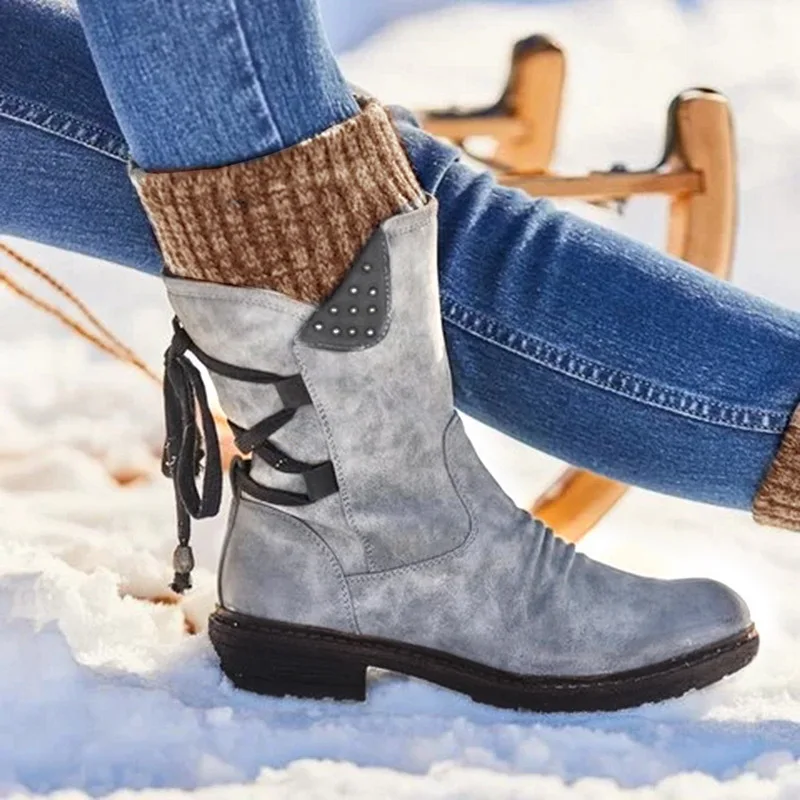 Puimentiua Winter Shoes Women Boots Basic Mid-Calf Boots Round Toe Zip Platform Decor Female Shoes Warm Lace Up Boots Shoes