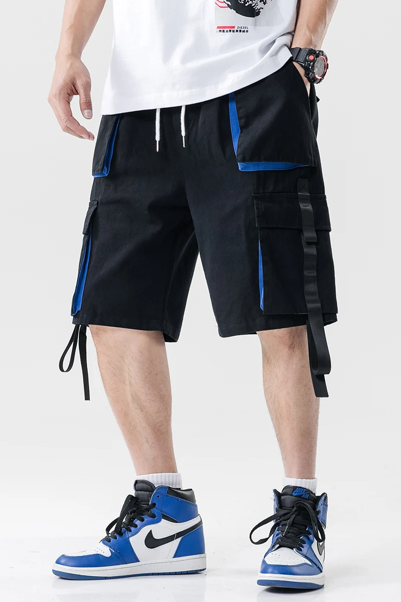 

Summer Multi-pocket Elastic Waist Harem Shorts Men Streetwear Short Trousers Joggers Male Cargo Shorts Hip Hop Ribbon Casual Mid