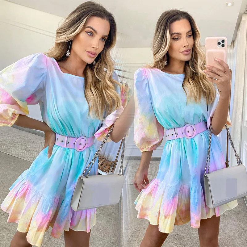 

Fashion Women Summer Autumn A-Line Dress Rufles Decor O-Neck Three Quarter Sleeve Mid Waist Print Slim Pullovers Dress