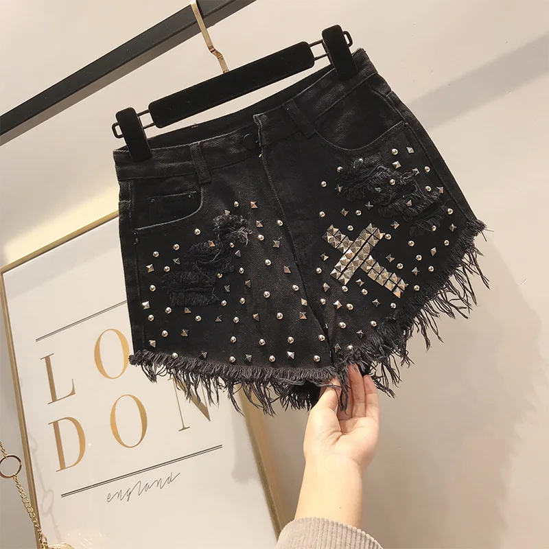 

Woman Shorts Loose High Waist Ripped Denim Shorts Korean Vintage Streetwear Rivet Slim Female Short Trousers 2020 Summer Fashion