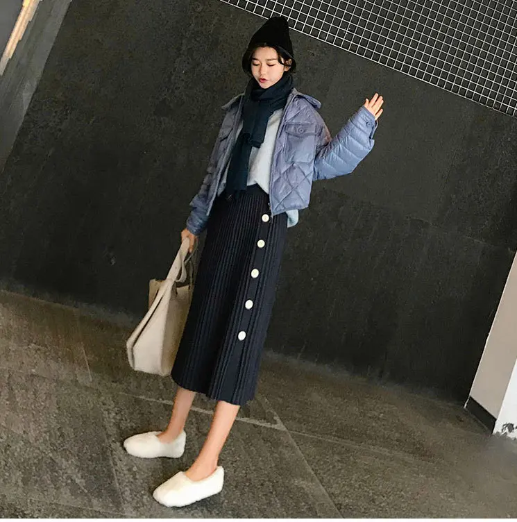 Осенне-зимние эластичные юбки с высокой талией для женщин s Faldas Mujer Moda Jupe вязаные плиссированные юбки женские тонкие юбки на пуговицах