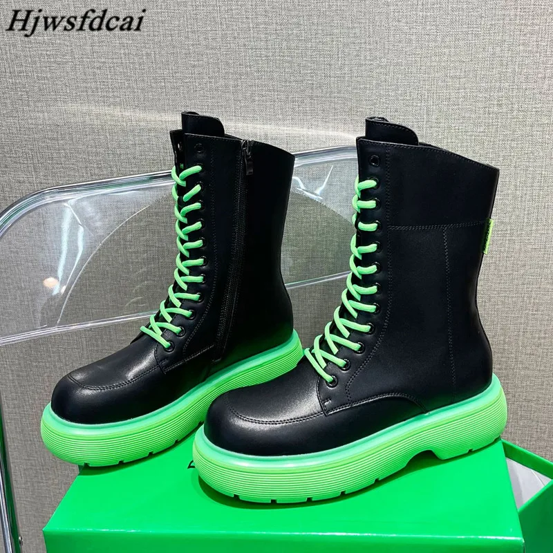 

Luxury Brand Women's Chelsea Boots Genuine Leather Ankle Boots Winter Platform Riding Boots Round Toe Lace-Up Knight Boots