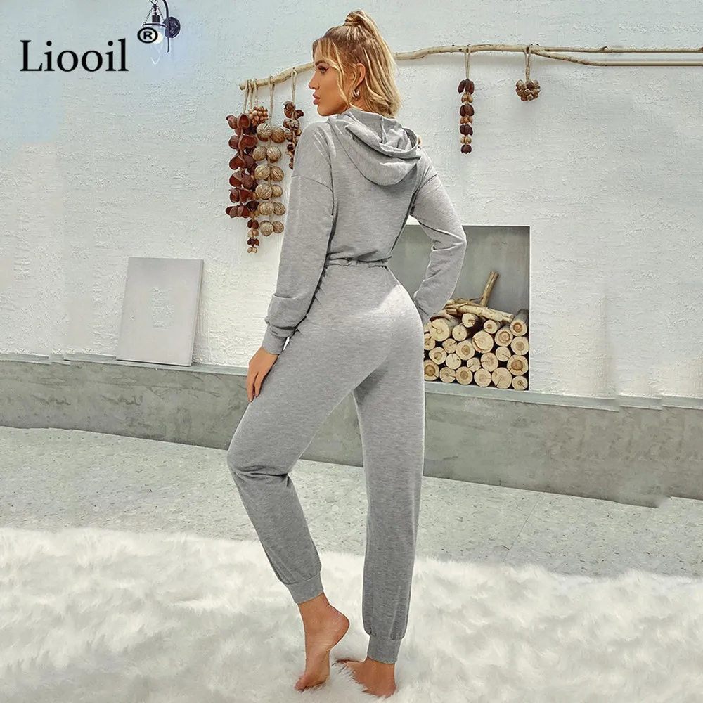 

Casual Loose Bodysuits Women 2020 Hooded Long Sleeve Zip Up Drawstring With Pockets Female Solid Autumn Overalls Long Jumpsuits