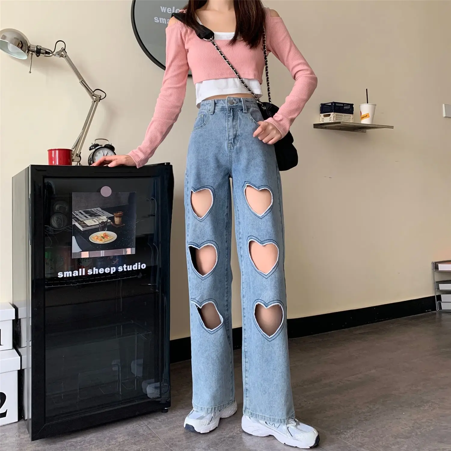 

Jeans women's fashion love high waist straight tube loose wide leg pants spring and autumn 2021 new pants show thin pants