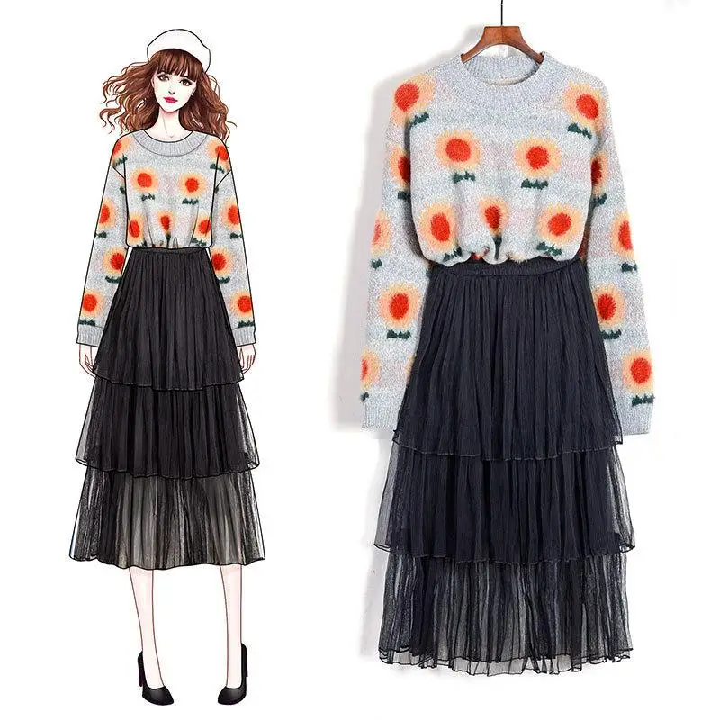 Осень-зима 2019 комплект из 2 предметов женский свитер с цветочным принтом + длинная