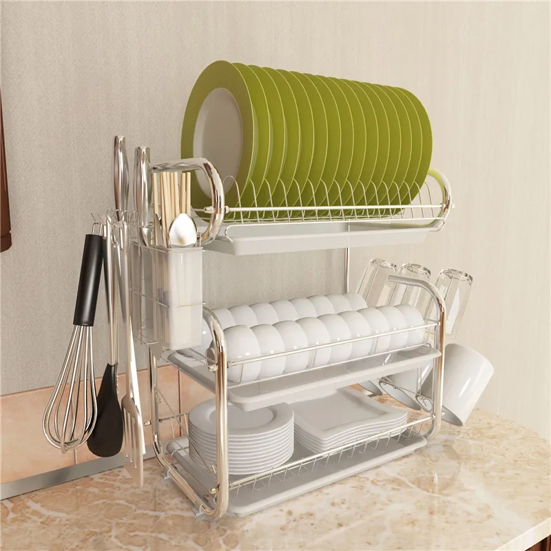 

3 Layer Dish Drying Rack Iron Kitchen Cutlery Drain Rack Utensils Storage Organizer Rustproof Plates Cups Holder Shelf Drainer