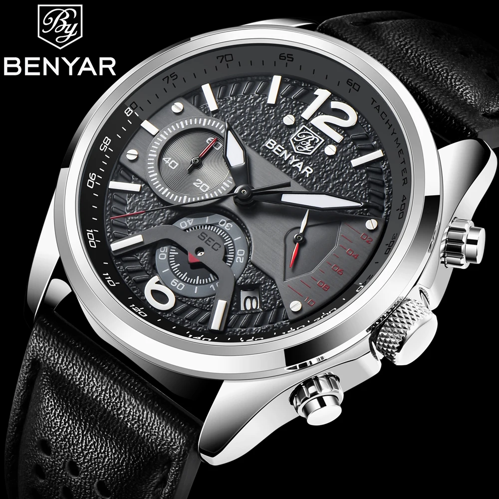 

Benyar Luxury Brand Men Analog Leather Sports Watches Men's Army Military Watch Man Quartz Clock Waterproof Relogio Masculino