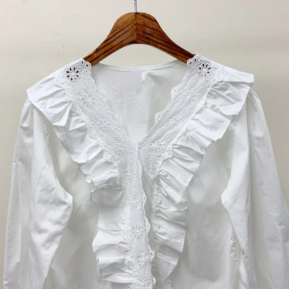 

Japan Style Blouse Spring Autumn New Korean Fashion Loose Casual Simple Hot Sale Lace Puff Sleeve V-neck Ruffle