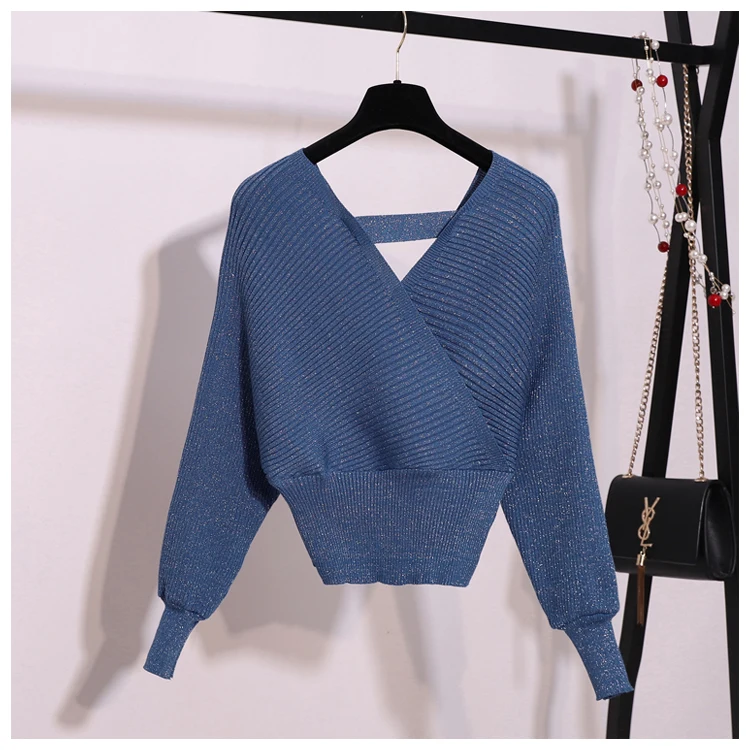 

Winter Women 2 Piece Sets Sweater Set Warm Knitted Tracksuits V-neck Lantern Sleeve Pullover & Elastic Waist Skirt Suit Femme