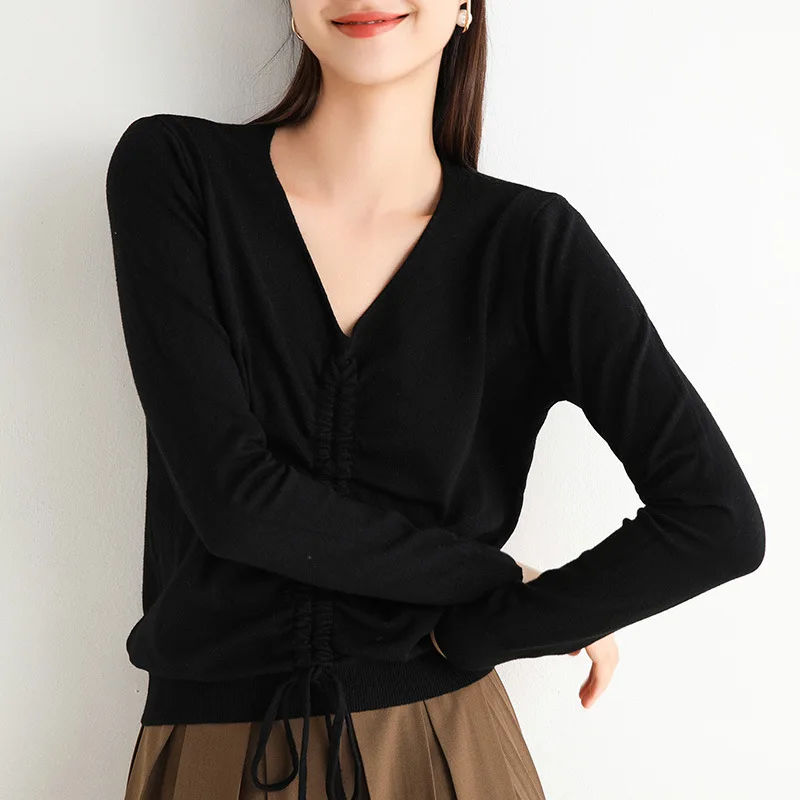 

Fashion Women Ladies Casual Long Sleeve Solid Color V-neck Loose Sexy T-shirt Top WHITE