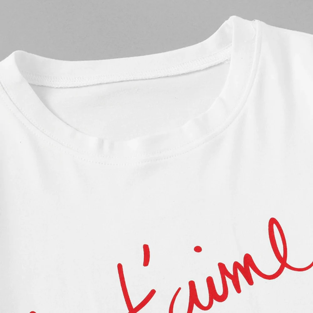 

Pop Women Summer Red Lips Print White T-shirt With Short Sleeve Round Neck Pop 88