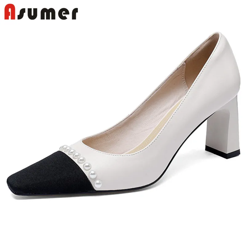 

ASUMER 2022 New Arrive Dress Party Shoes Women Pumps Genuine Leather Shoes Mixed Colors Pearl Slip On High Heels Single Shoes