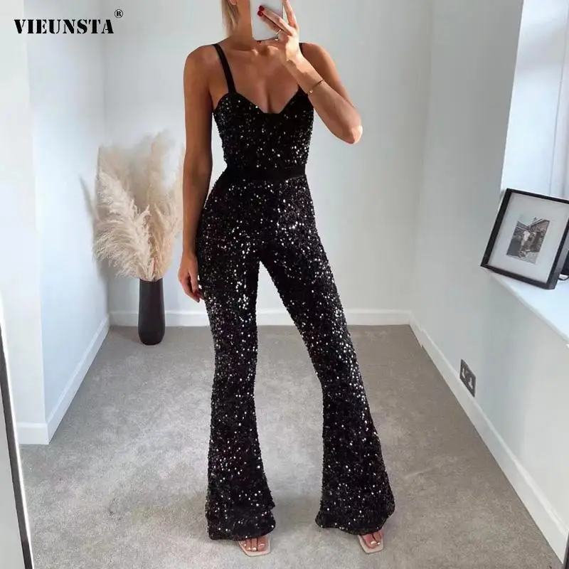 

Women Sexy Glitter Sequin Shiny Night Party Jumpsuit Spring Off Shoulder Sling Lady Romper Summer Wide Leg Pants Beach Overalls