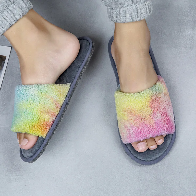 ZEEKSON Women's Shoes Fashion Gradient Plush Slippers Female Korean Version of All-match Suede Couple Casual Rainbow Slippers