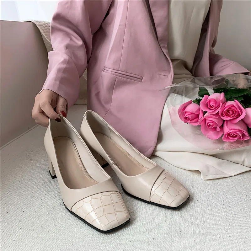 

Smirnova 2020 New arrival women pumps genuine leather shoes thick heels square toe shallow office dress shoes black apricot