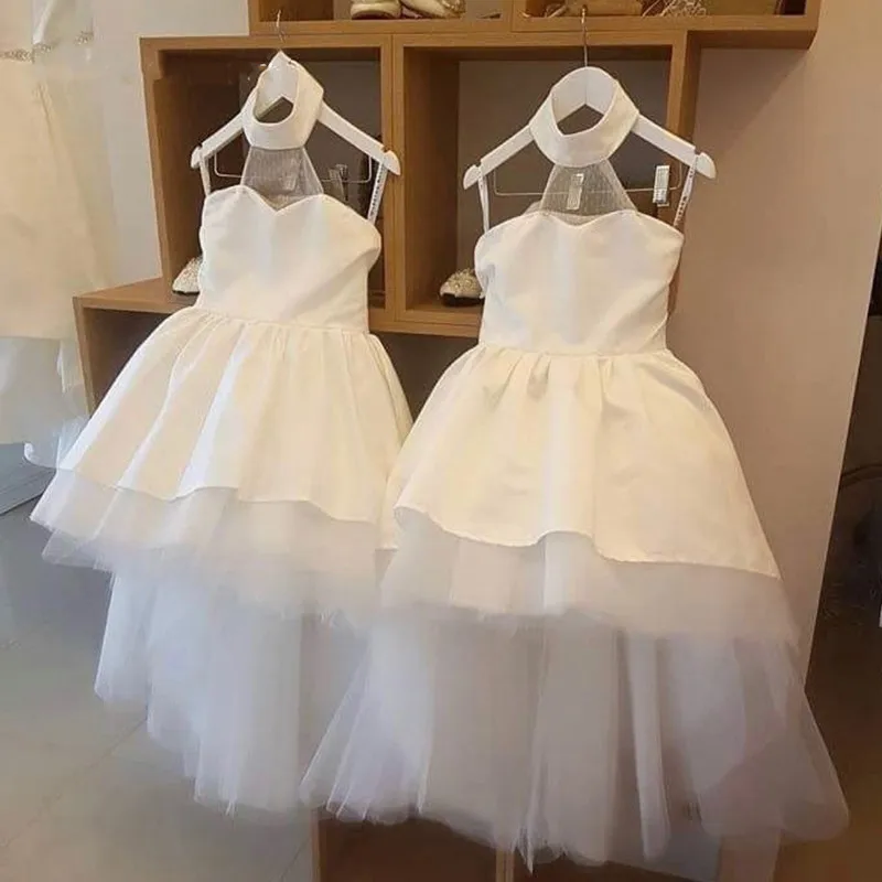 

Little Princess High Low Flower Girls Dress Halter Neck Satin Children Birthday Evening Party Dress vestido