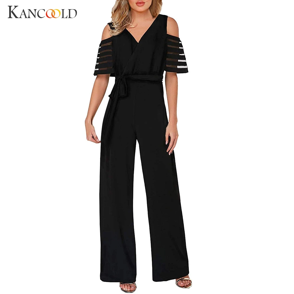 Длинный комбинезон большого размера плюс с широкими штанинами облегающий черный