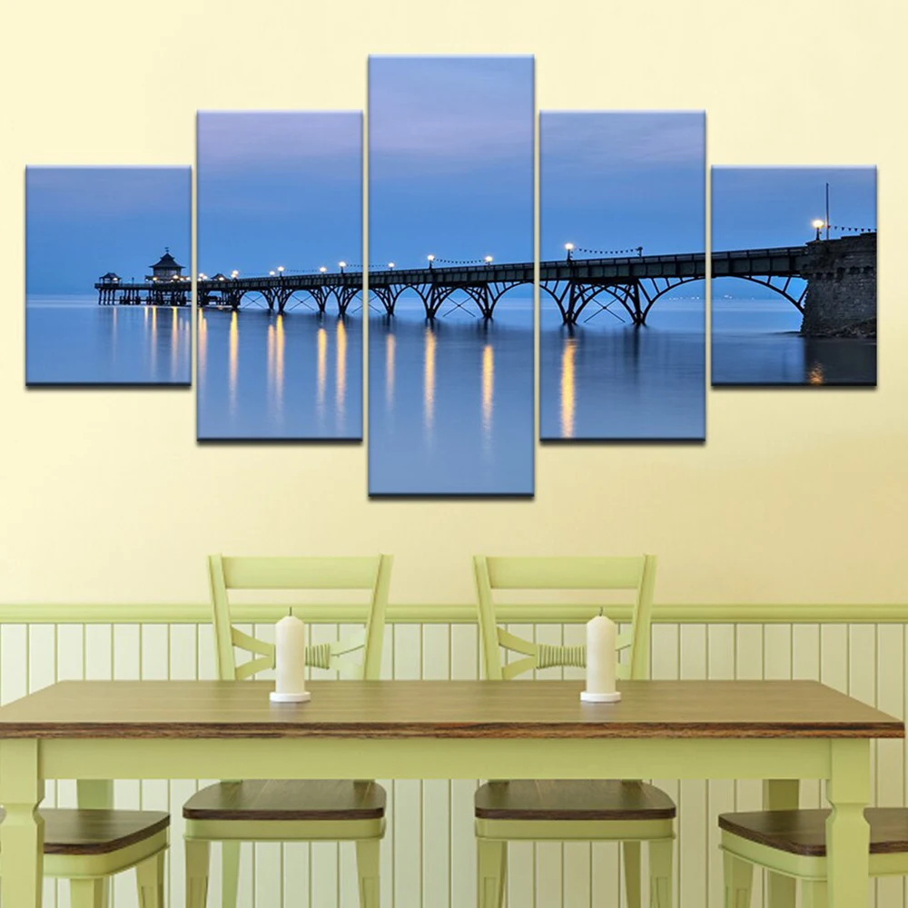 

5 Pieces Wall Art Canvas Painting Wood Bridge Night Light Landscape Poster Modern Living Room Framed For Decoration Modular
