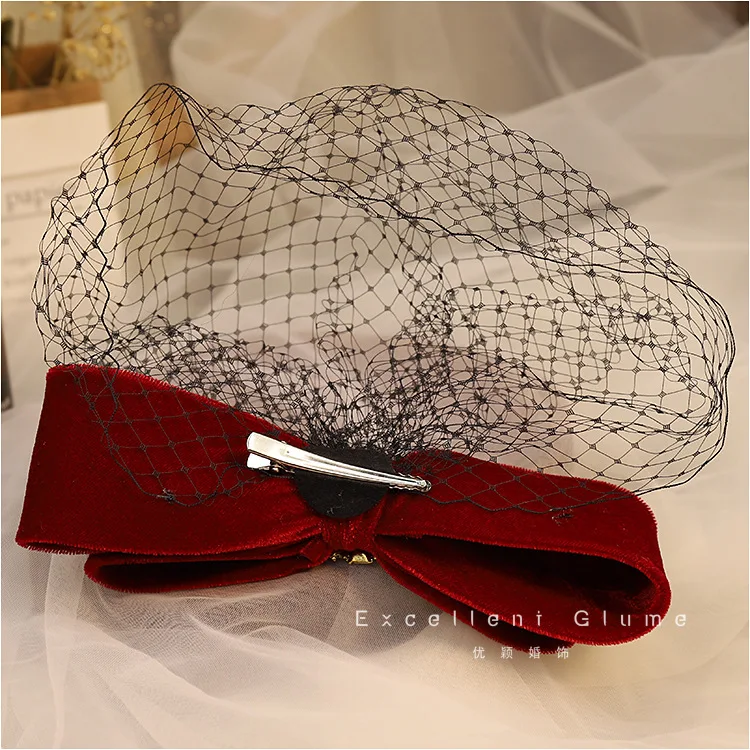 

Bridal Red Vintage Butterfly Bow Mesh Face Cover Hairpin Wedding Dinner Party Hair Accessories Hair for women