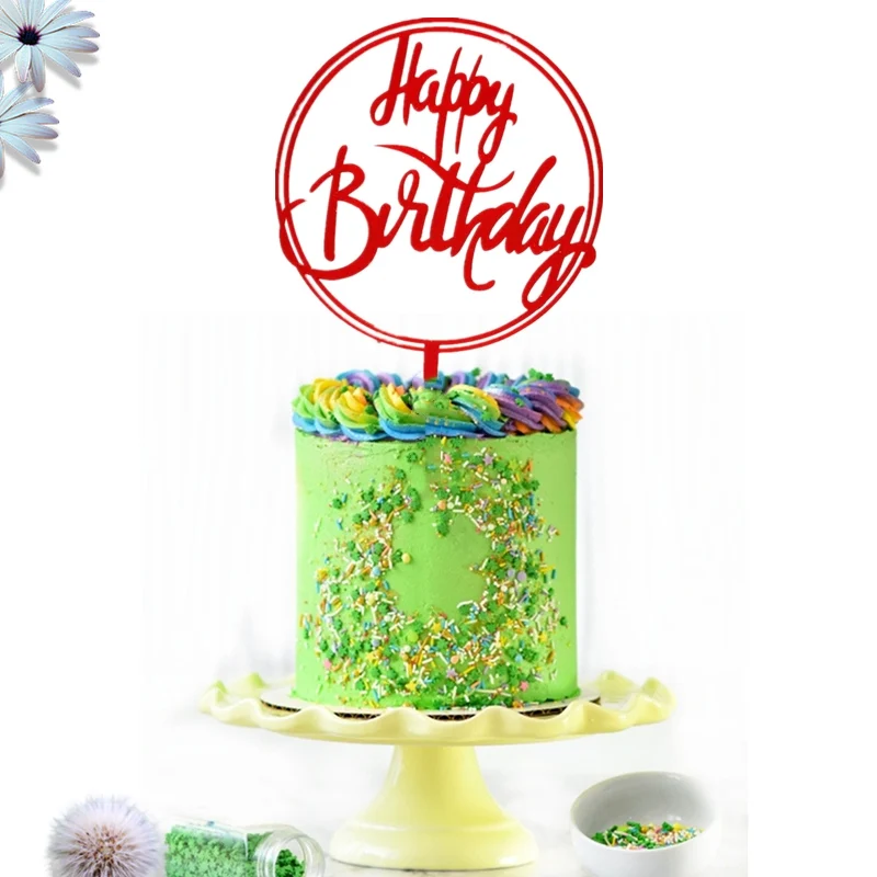 INS Creativity Round Happy Birthday Cake Topper Golden Love Acrylic Toppers For Baby Shower Cakes Decoration Gifts | Дом и сад