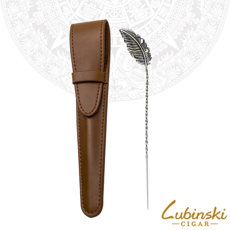 LUBINSKI Silver Finish Feather Pattern Cigar Punch Cutter With Cigar Needle Cigars Gift Genuine Leather Case