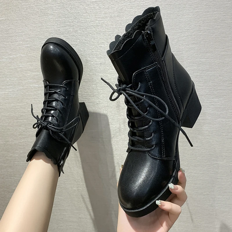 

Lady Boots Women Shoes Autumn Round Toe Zipper Boots-Women Rubber Med 2021 Elegant Ankle Concise Casual Cross-tied Hoof Heels P