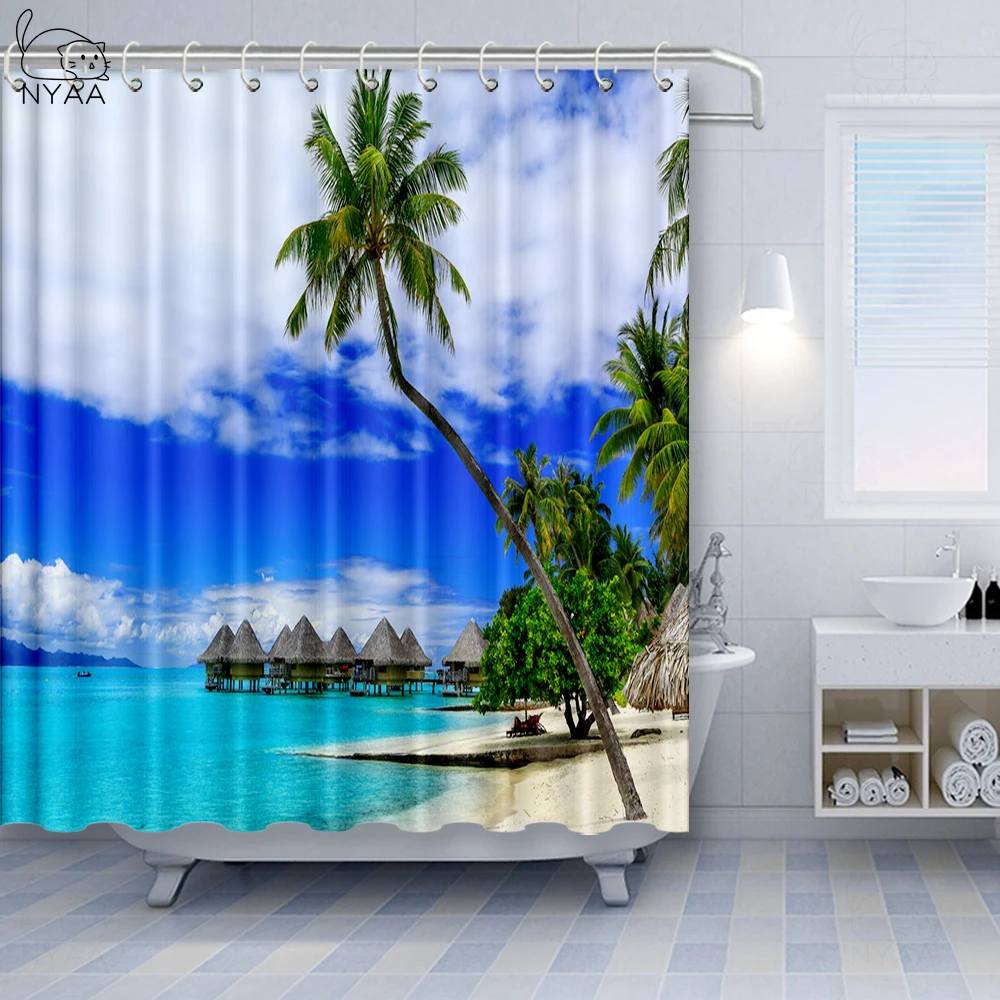 Vixm Ландшафтная занавеска для душа Тропический ботанический образ с кокосовыми