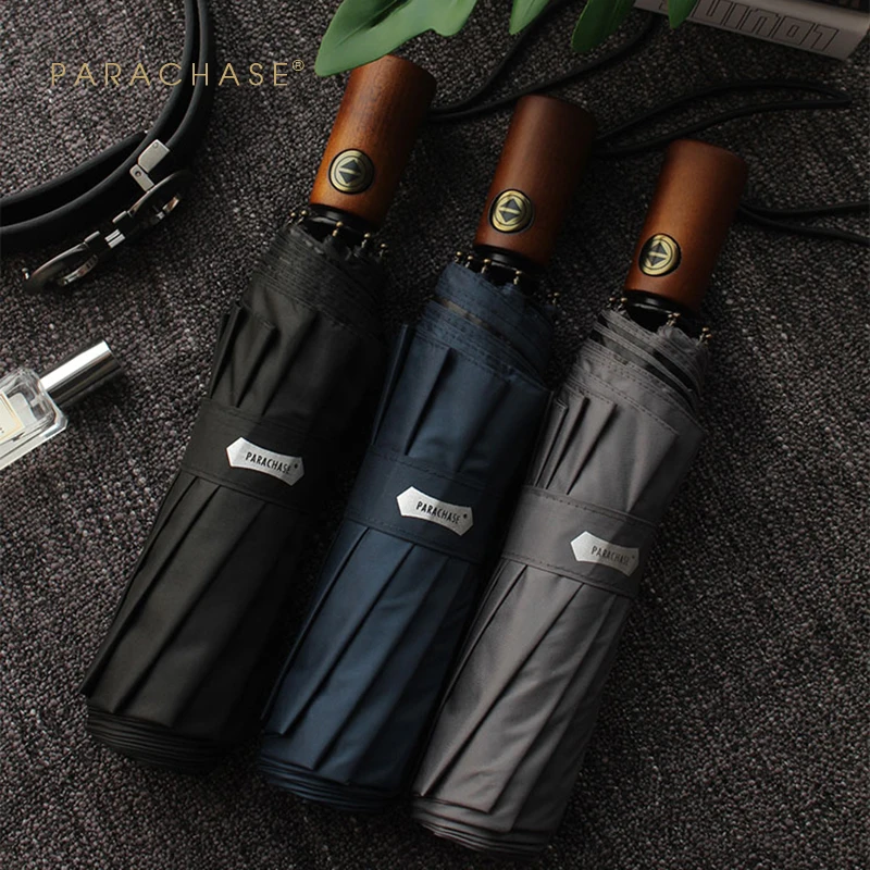 Автоматический солнцезащитный мужской алюминиевый складной зонт с деревянной