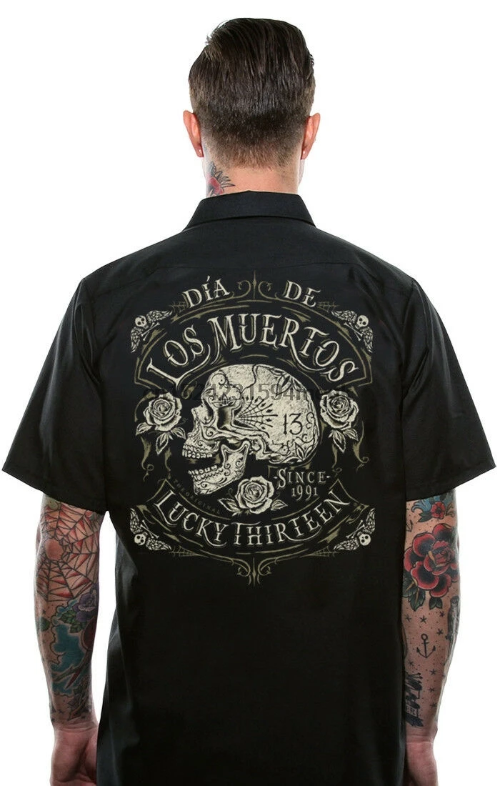 

Lucky 13 Work Mechanic Shirt Button Up Dead Skull Tattoo Hot Rod Motorcycle
