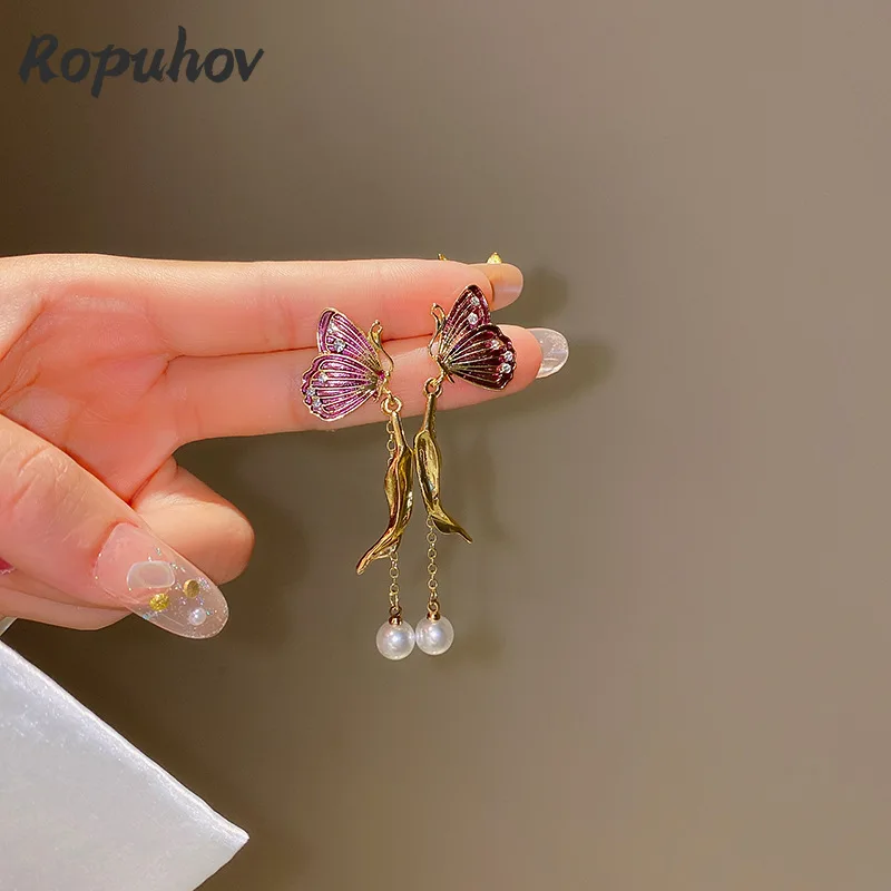 

Ropuhov 2021 New 925 Silver Korean Fashion Jewelry Woman Gift Personalized Pearl Inlaid Butterfly Pearl Earrings Bling Wholesale
