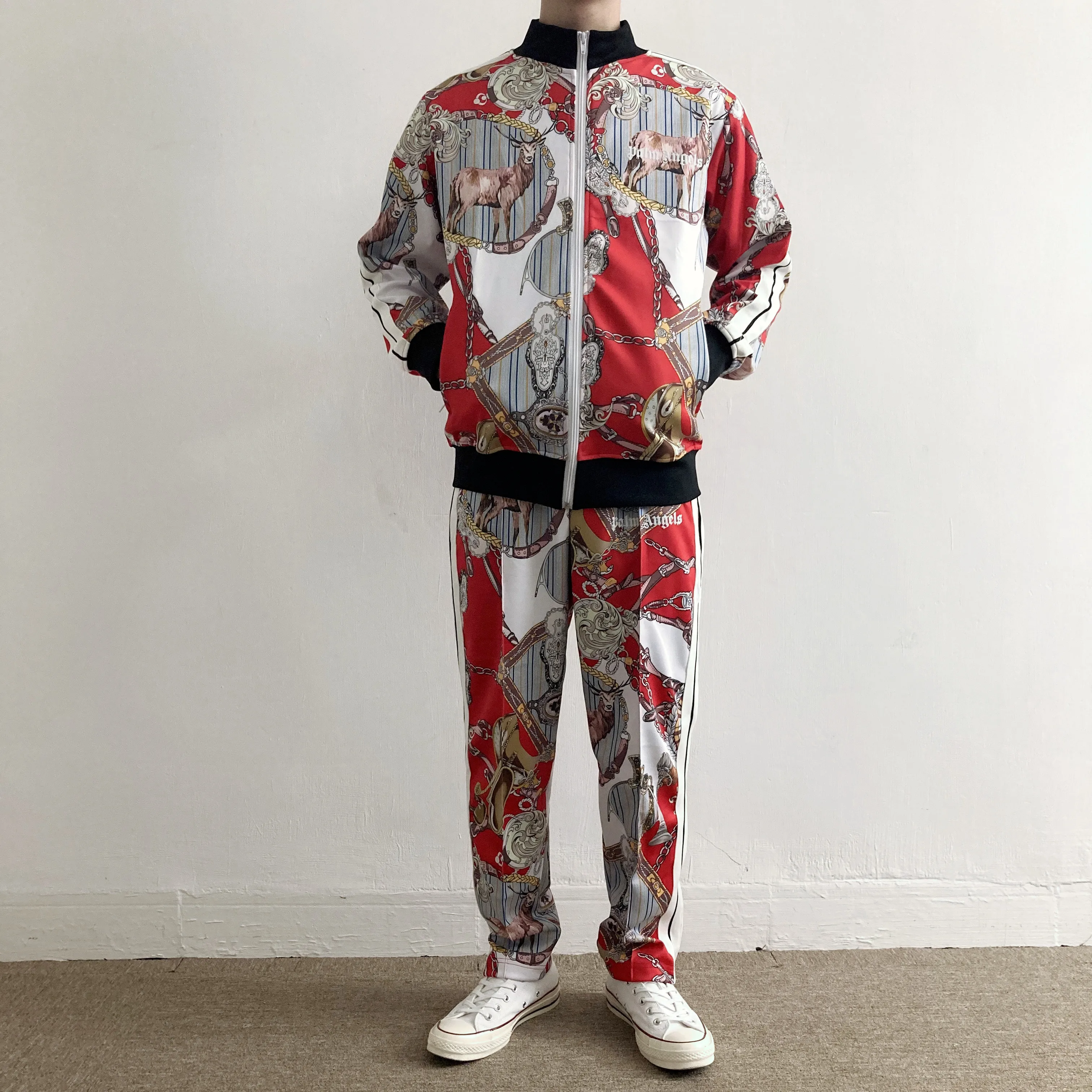 

Palm Angels chain fawn print men women casual sports zipper suit couple 4596453